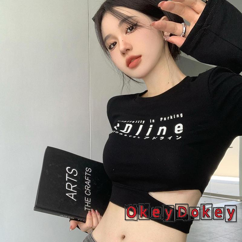 Áo Croptop Cổ Tròn Tay Dài Khoét Hông In Chữ Cho Nữ