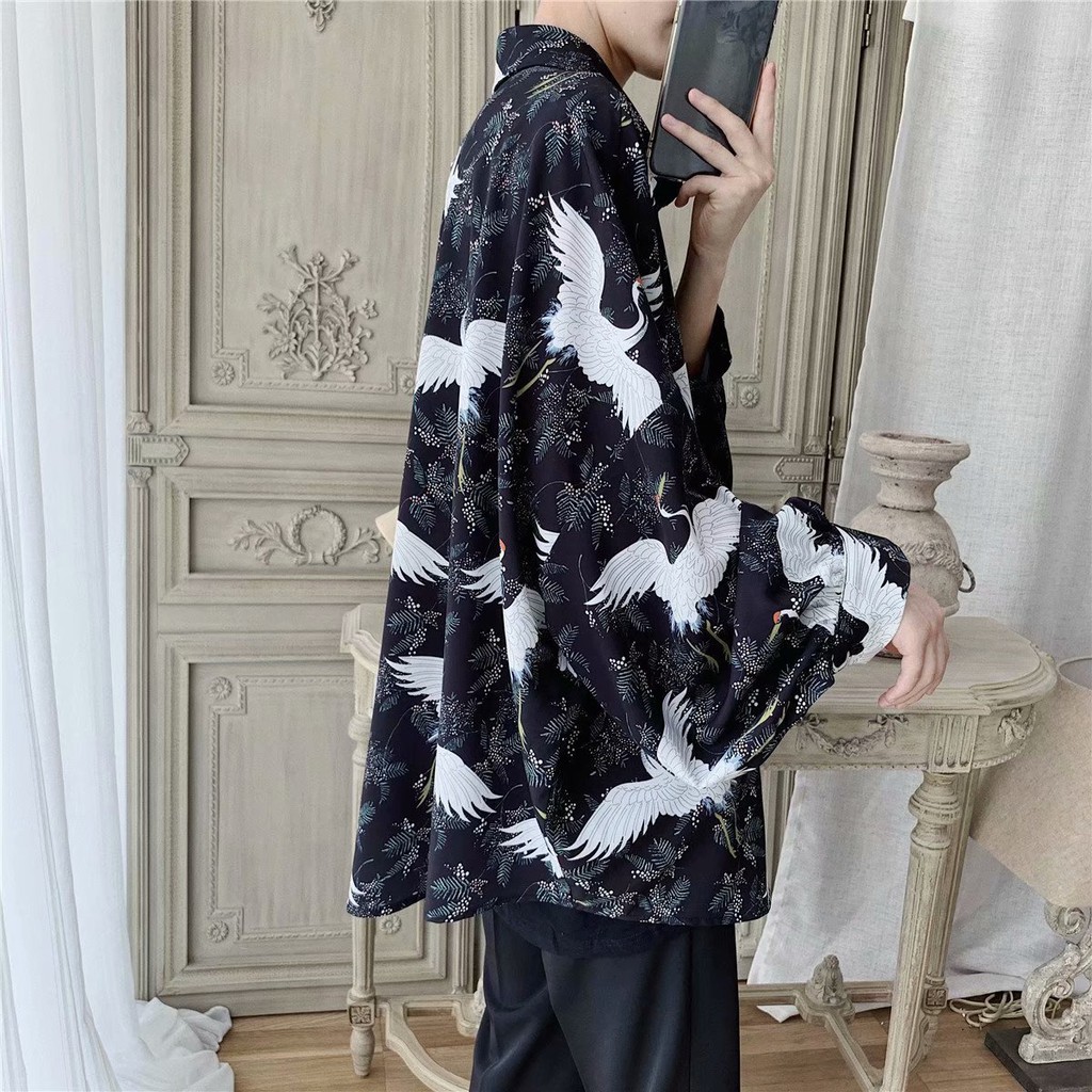 Áo sơ mi tay dài họa tiết chim sếu thời trang phong cách dành cho nam | BigBuy360 - bigbuy360.vn