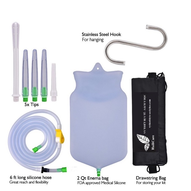 Túi xúc ruột, Bộ Dụng Cụ Coffee Enema, Thải Độc Cà Phê, Túi Súc Ruột Bằng Silicon van chổng trào ngược màu xanh lá