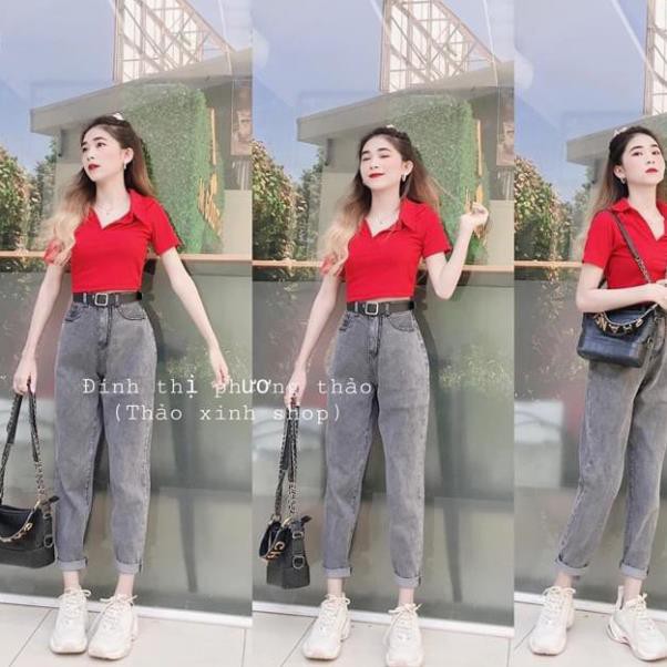 Quần jeans nữ baggy dáng trơn cạp cao may gấu New