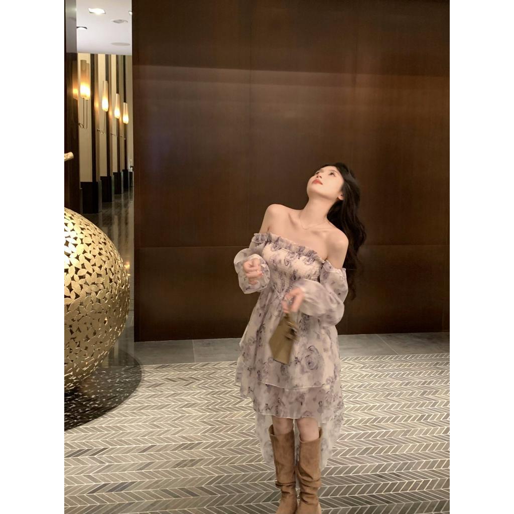 Đầm Dài Dáng Chữ A Hở Vai In Họa Tiết Hoa Hồng Nhẹ Nhàng Thanh Lịch