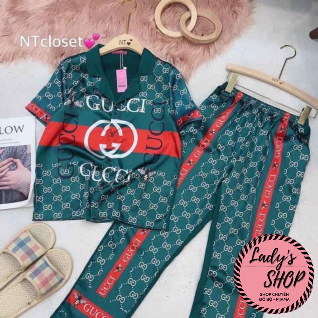 Bộ lụa cộc dài thiết kế (hoạ tiết Gi-xi xanh)