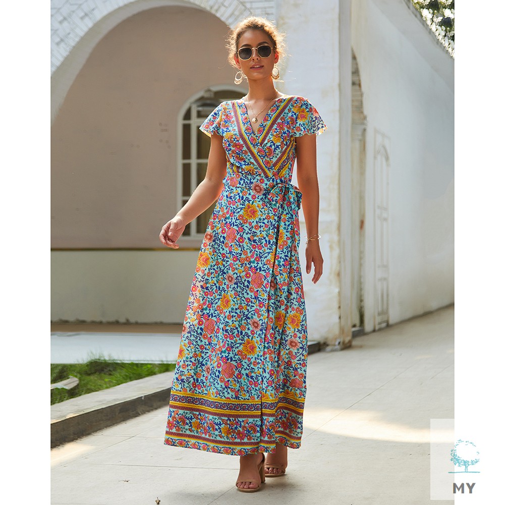 Đầm Dài Tay Ngắn Cổ Chữ V In Họa Tiết Hoa Phong Cách Boho Thời Trang Cho Nữ | BigBuy360 - bigbuy360.vn