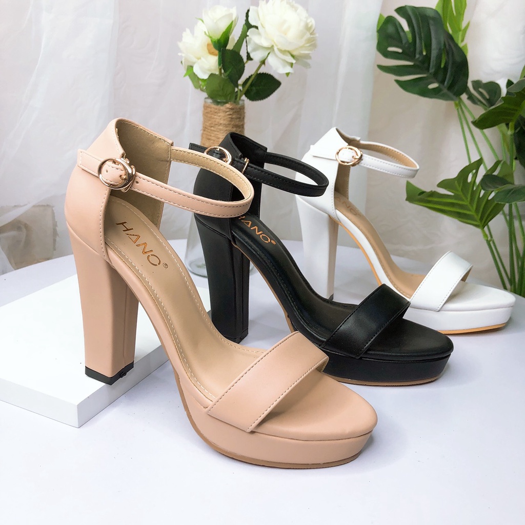 Sandal Cao Gót 12p/12cm Đế vuông Quai ngang Đế đúp kín gót Sang chảnh cao cấp Màu Trắng Đen Kem Đẹp vnxk HANO - 0740