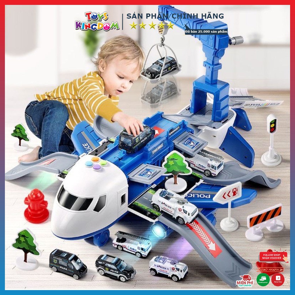 Đồ Chơi Cho Bé, Máy Bay Chở Đồ Kèm 4 Xe Cảnh Sát Bằng Kim Loại, Có Giàn Cẩu, Thang Trượt, Biển Báo Đa Chức Năng Chạy Pin