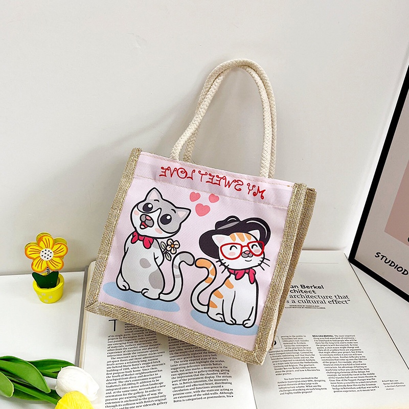 Túi Xách Đựng Hộp Cơm Trưa Vải Lanh Cotton Lanh In Hoạt Hình Dễ Thương