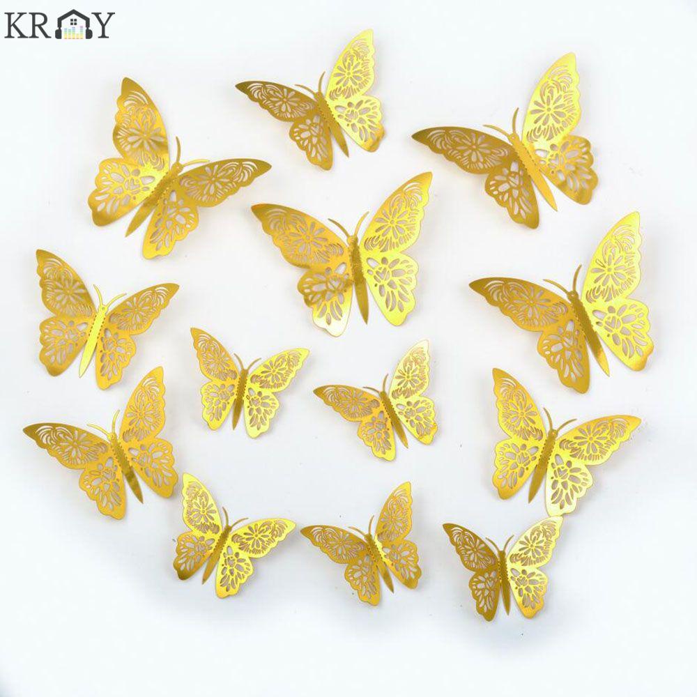 Set 12 Miếng Dán Tường Trang Trí Hình Bướm 3d Bằng Kim Loại Nhiều Màu
