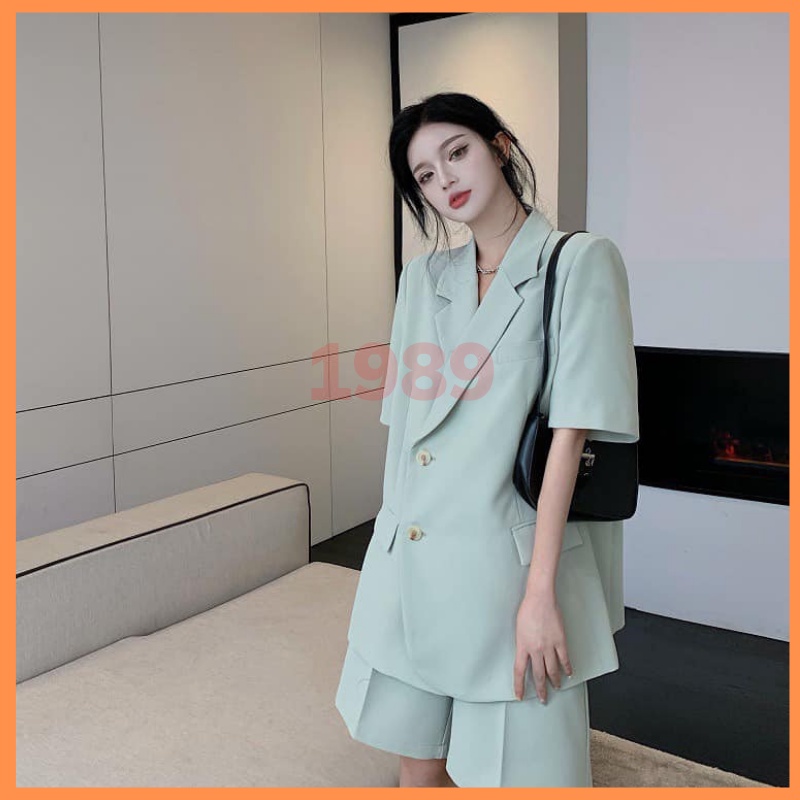 Set áo vest trơn XANH basic cộc tay kèm quần short form oversize, Set áo Blazer kèm quần short Hàn Quốc THỜITRANG1989 | WebRaoVat - webraovat.net.vn