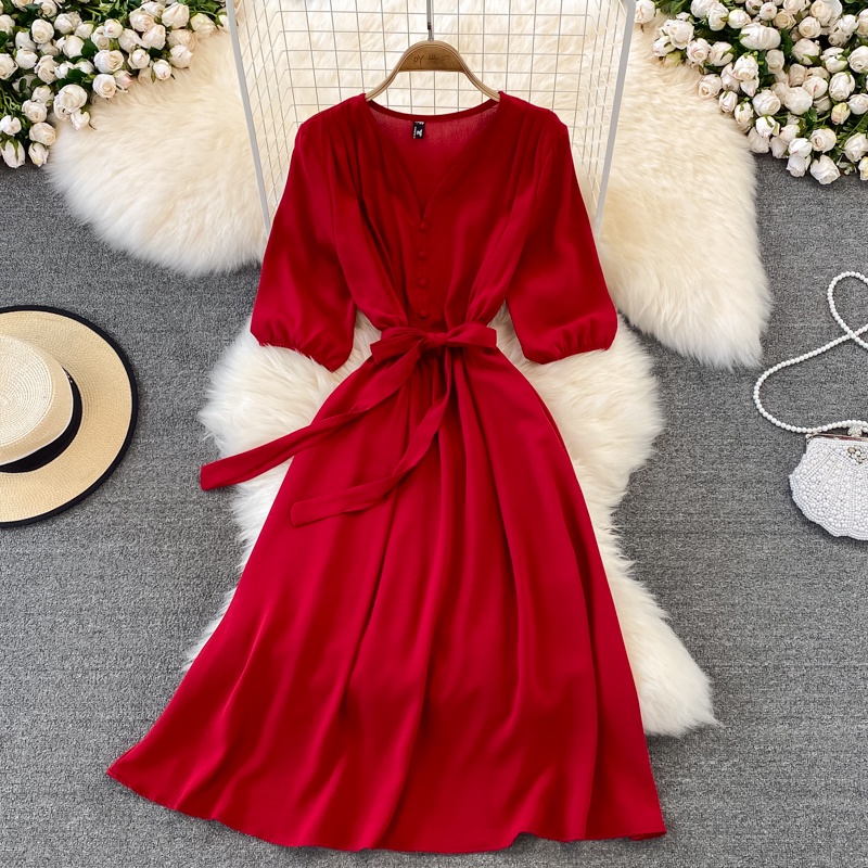 Đầm Tay Ngắn Cổ Chữ V Phong Cách Retro Thời Trang Mùa Hè Cho Nữ