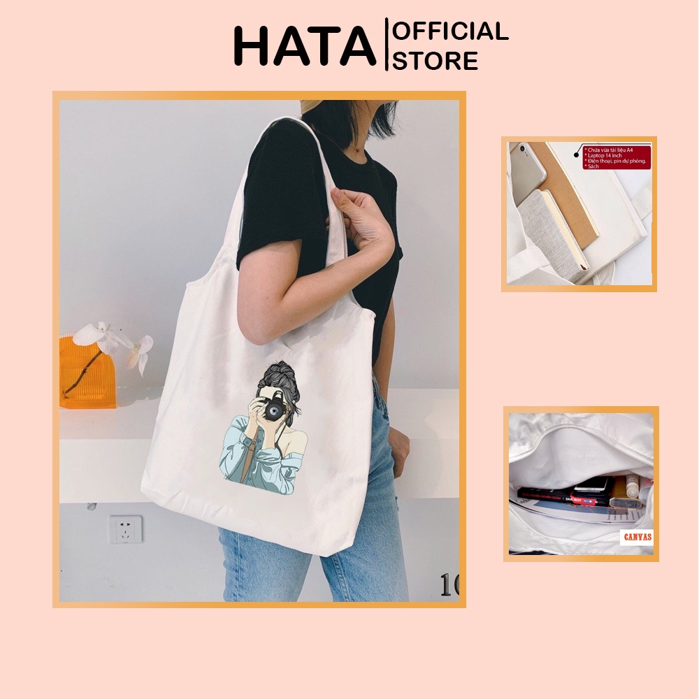 Túi Tote Túi Canvas Trắng Có Khóa Miệng Ngăn Kéo 1054 Họa Tiết Cô Gái Chụp Ảnh Hàng May Công Ty Chuẩn Đẹp