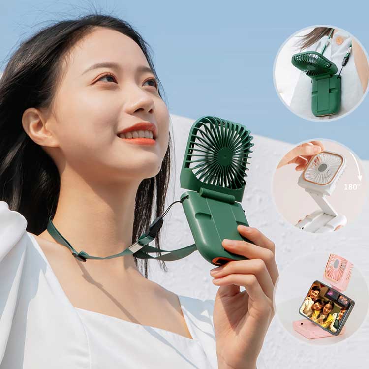 Outdoor Foldable Fan 3-speed Usb Rechargeable Hanging Neck Handheld Cooling Fan with Power Bank Phone Holder Mini Desktop Fan