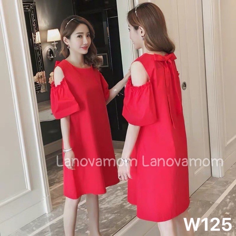 Đầm bầu cao cấp hở vai chất KATE mềm mại tiểu thư sang chảnh W125