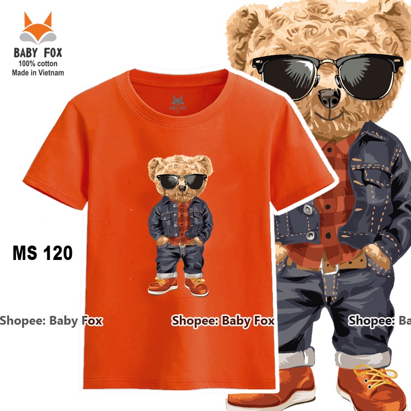 Áo thun bé trai 100% cotton loại tốt, áo phông thương hiệu BABY FOX, in hình gấu, size nhỏ, trung, đại  a