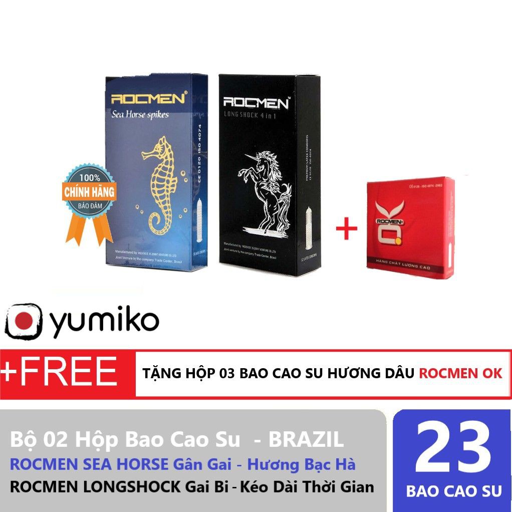 Combo 2 Hộp Bao Cao Su Kéo Dài Thời Gian, Gân Gai,  BCS ROCMEN LONG SHOCK &amp; SEA HORSE, Tặng Hộp 3 BCS ROCMEN OK