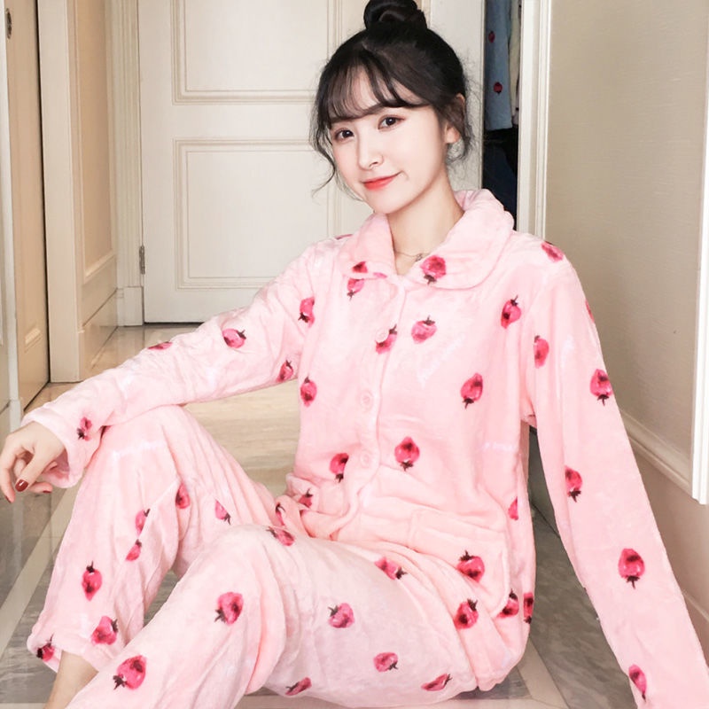 Bộ đồ ngủ vải nhung san hô dày dặn giữ ấm mùa thu đông phong cách Hàn Quốc | BigBuy360 - bigbuy360.vn