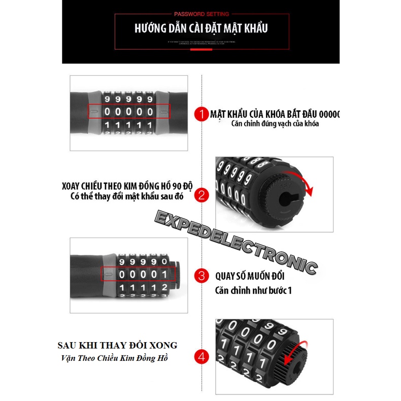 Khóa dây xích mật mã 5 số chống trộm chống cắt cho xe máy xe đạp dây cao cấp chống gỉ bọc lớp vải ngoài