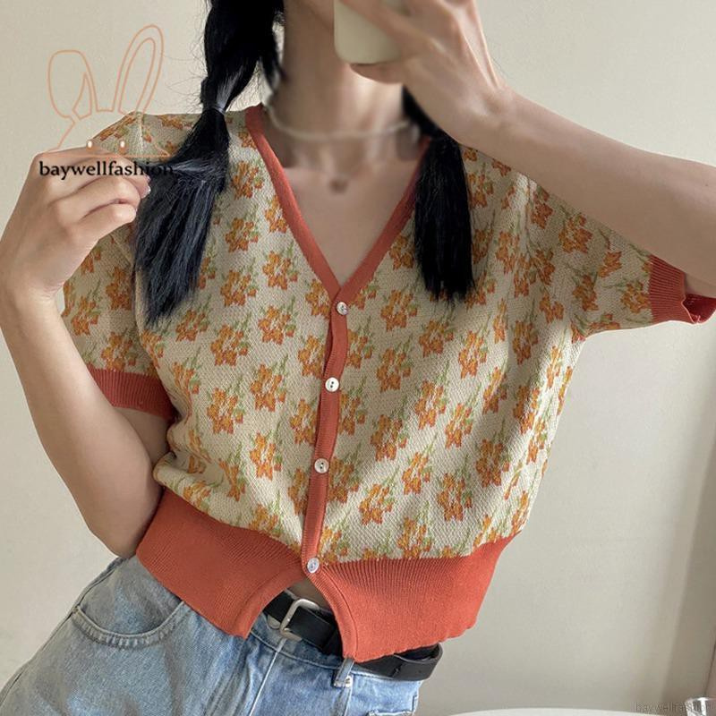 Áo Cardigan Ngắn Tay Cổ Chữ V Họa Tiết Hoa Thời Trang Dành Cho Nữ | BigBuy360 - bigbuy360.vn