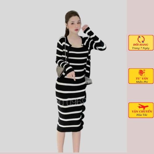 Set áo cardigan len kèm đầm body len 2 dây nữ dáng dài maxi kẻ ngang đen trắng ulzzang Hàn Quốc mùa thu đông