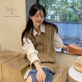 (Sẵn) Áo gile len vặn thừng màu nâu tây phong cách retro thanh lịch cho mùa thu [MinC.Studio - MCAGL010]