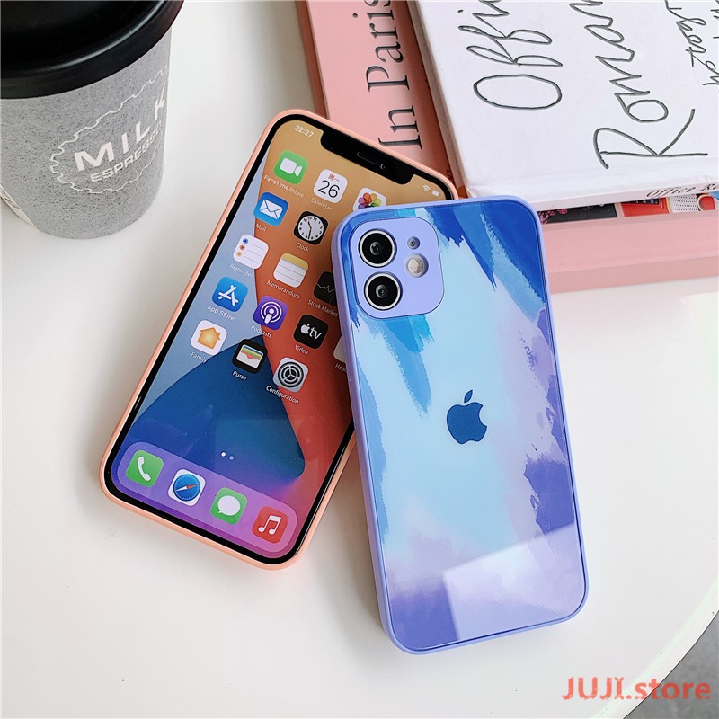 Original New Liquid Silicone Tempered Glass Watercolor iPhone 12 11 Pro Max X XS 7 8 Plus Max Official Phone Case All-inclusive Lens Protection 9H Hard Anti-drop Back Cover