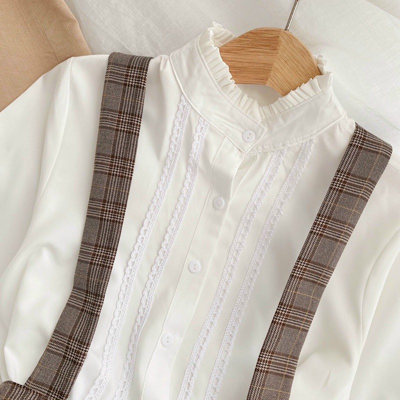 Sét váy yếm + áo sơ mi tiểu thư,Sét Bò Di o Siêu Xinh