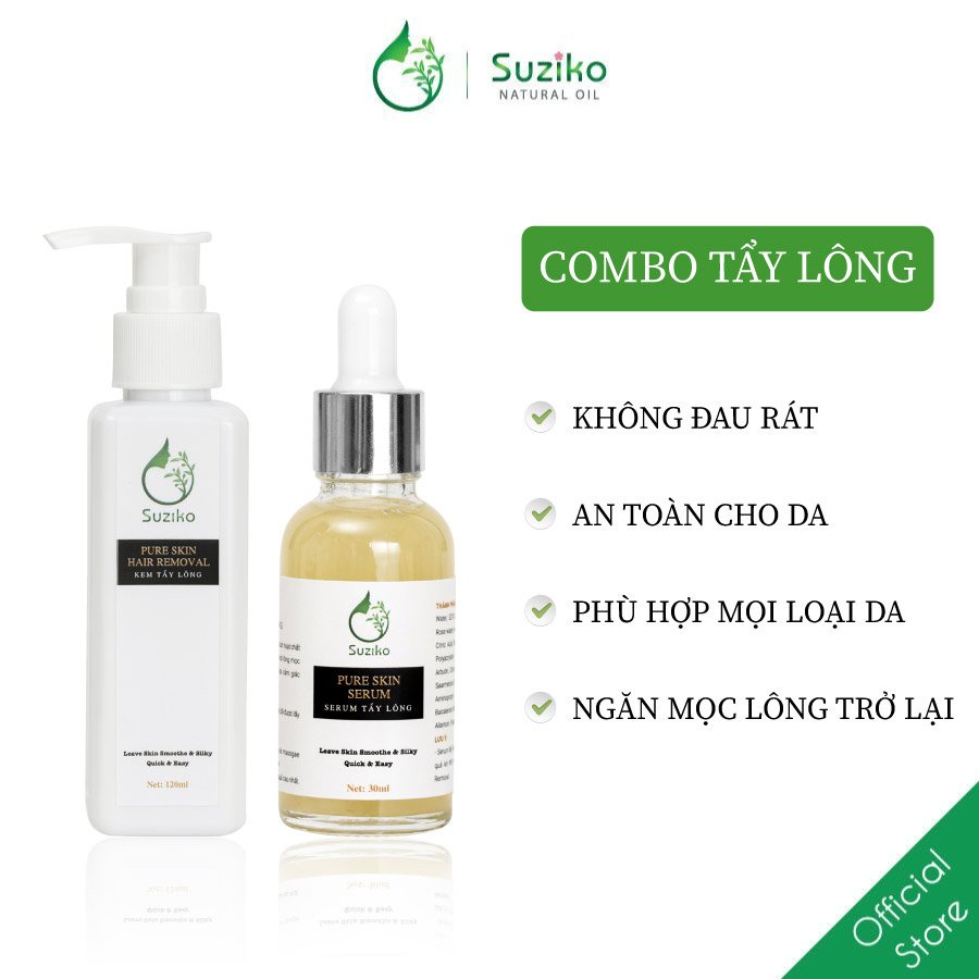 Combo Kem tẩy lông và serum ức chế mọc lông dùng cho Chân, Tay, Nách, Ngực, Bụng, Body tại nhà SUZIKO