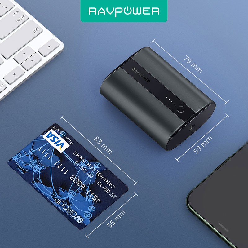 [LÕI PIN LG21700]Pin sạc dự phòng RAVPower Mini 10000mAh PD 18W QC 3.0 Tesla LG Pin Lithium-ion Cell Black RP-PB197