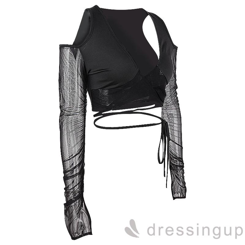 Áo Croptop Tay Dài Cổ Chữ V Màu Sắc Trơn Thiết Kế Dây Đan Chéo Sành Điệu