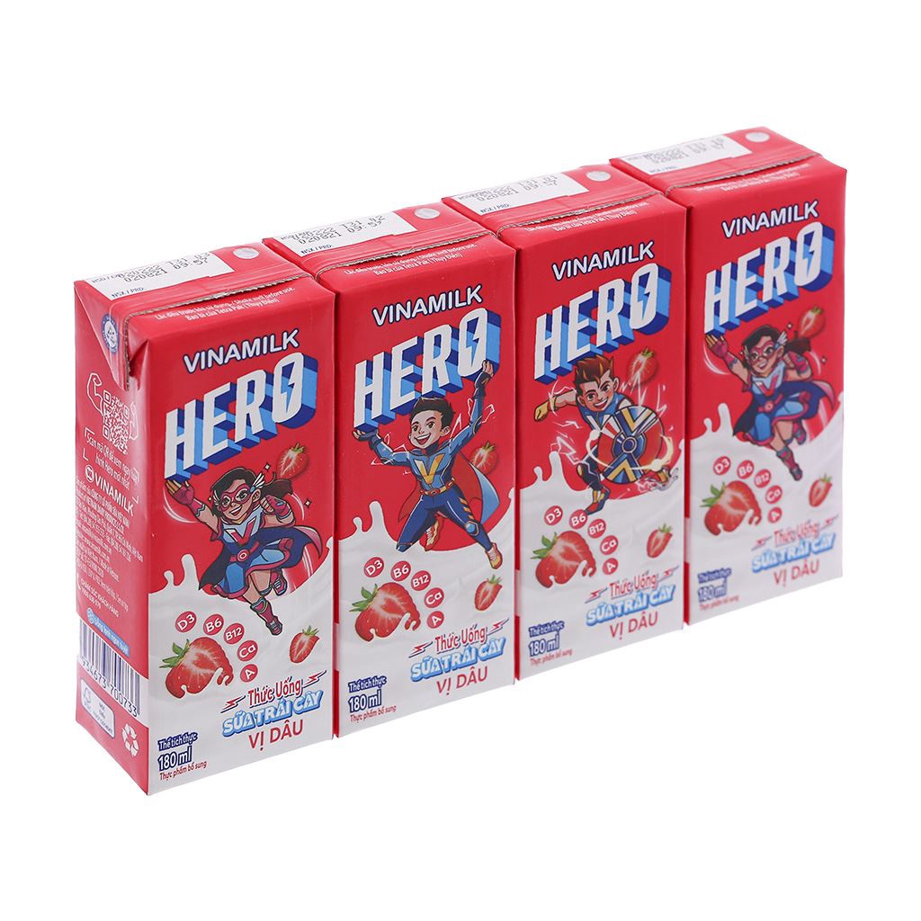 Lốc 4 hộp sữa trái cây vị dâu Vinamilk Hero 180ml