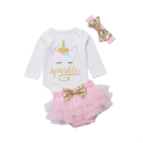 3Pcs Unicorn Baby Girls Top Long Sleeve Romper+Shorts Skirt+ Sequin Bowknot Headband Sets