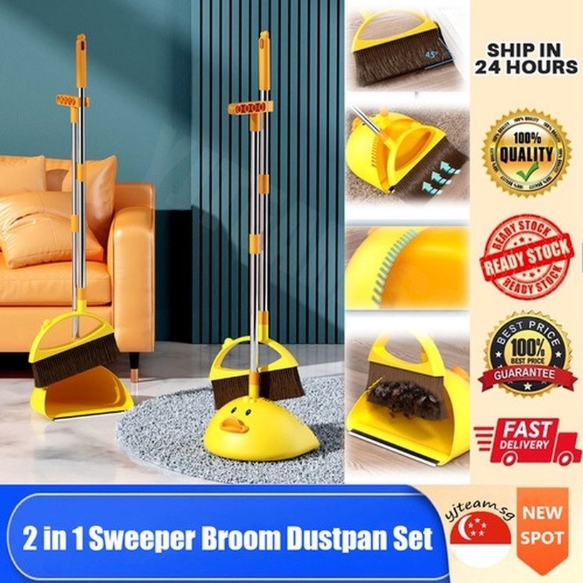 2 In 1Bộ Chổi Quét Nhà Lông Mềm Chống Dính Hình Vịt Màu Vàng Nhỏ Dùng Tại Nhà Sàn nhà sạch Penyapu &amp; Penyodok ngoài trời