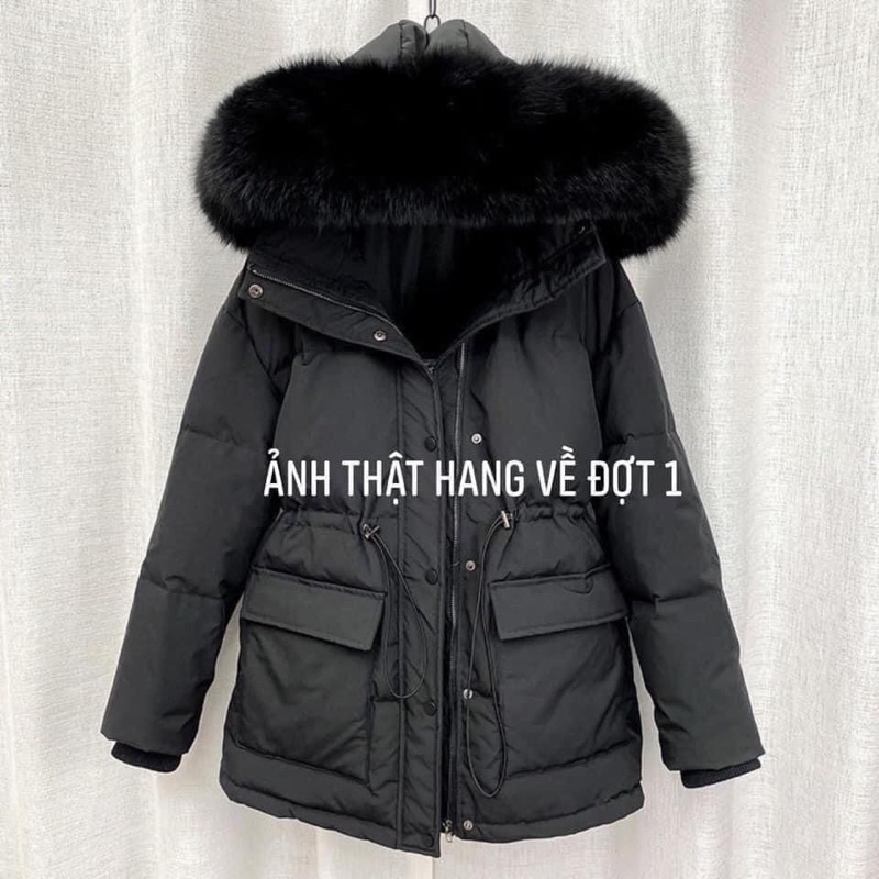 Áo phao lông vũ mũ tháo rời eo rút dày dặn