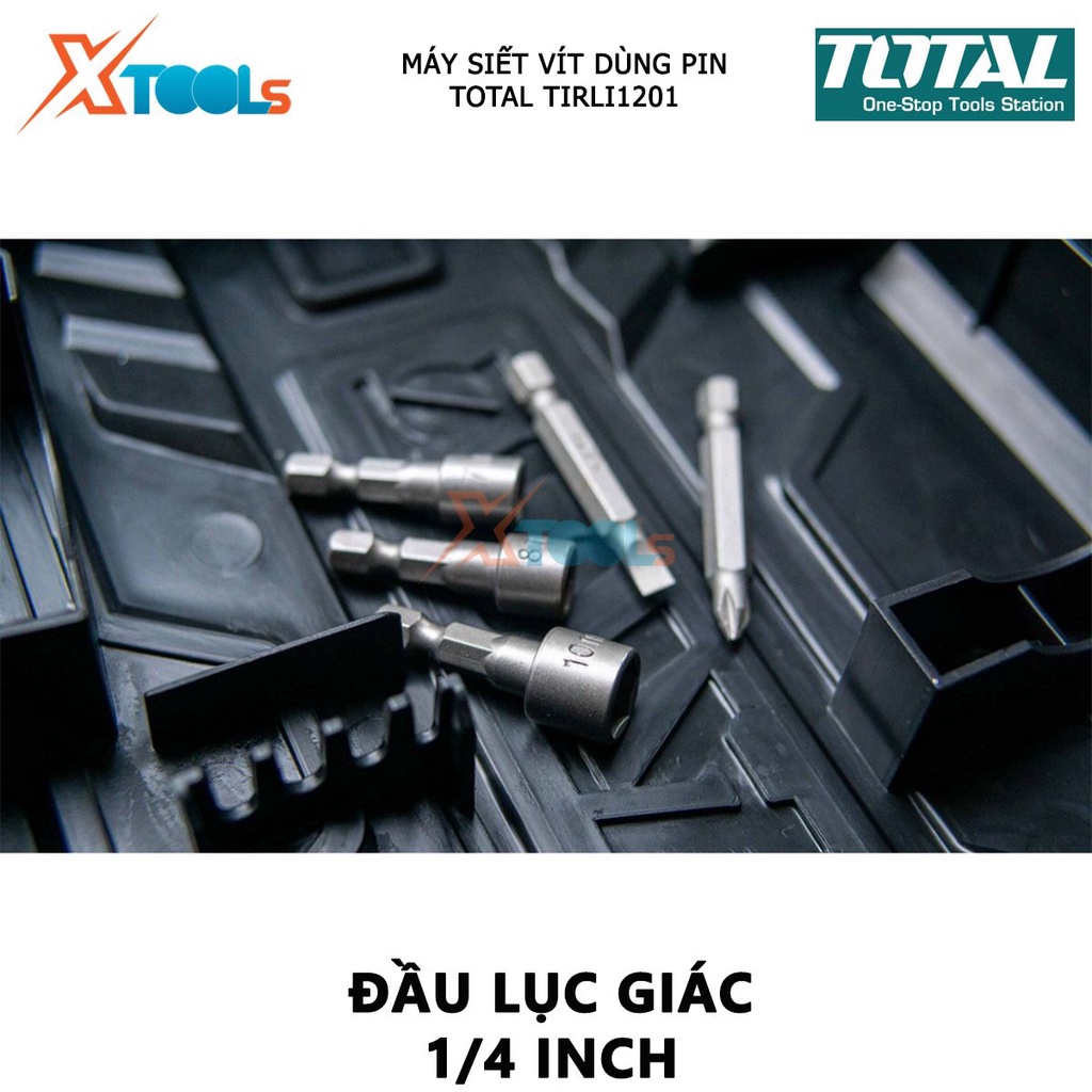 Máy bắn vít mini dùng pin 12v TOTAL TIRLI1201 điện áp sạc 220v tốc độ 2000v/p, tốc độ búa 2800ipm, đầu lục giác: 1/4&quot;