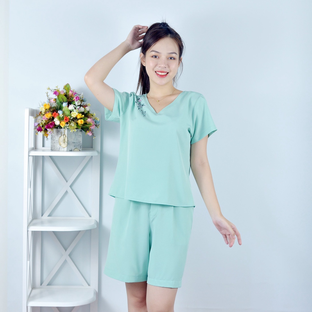 Bộ đồ nữ MÀU XANH NGỌC IN HOA VAI SIÊU XINH   - vải lụa cao cấp - Cực Kì Sang Chảnh - Qúy phái