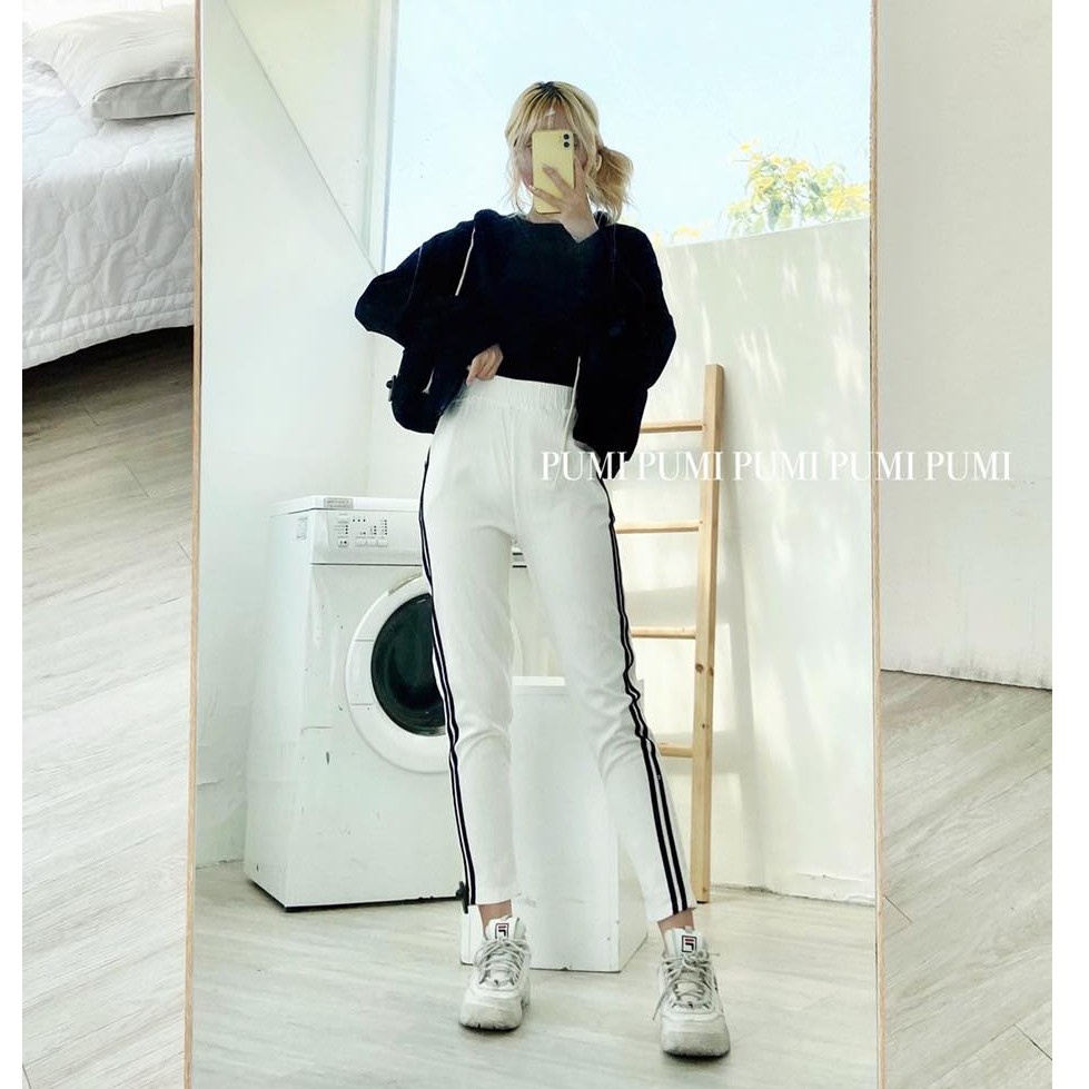 Quần baggy nữ 2 sọc lưng thun vải cotton linen co giãn tốt nhiều màu tạo điểm nhấn cá tính dễ phối áo - Pumi