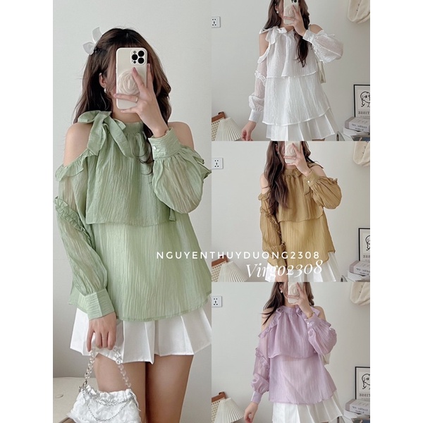[NEW]ÁO TƠ RỚT VAI BÈO TAY THẮT NƠ CỔ “ZIMMY TOP” tiểu thư