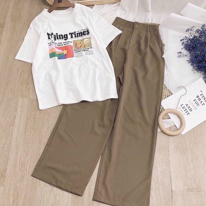 Set áo thụ và quần dài culottes xanh rêu