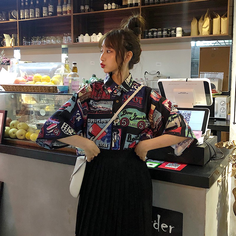 Áo sơ mi dáng rộng hoạ tiết in phong cách vintage Xiaozhainv | BigBuy360 - bigbuy360.vn