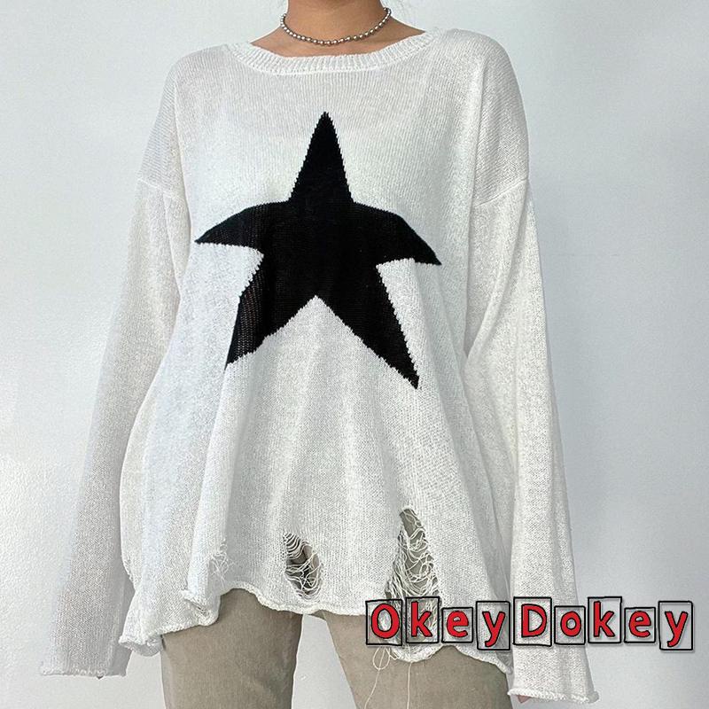 Áo Sweater Dệt Kim Tay Dài Dáng Rộng Phong Cách Punk Cho Nữ OKDK-Y2k