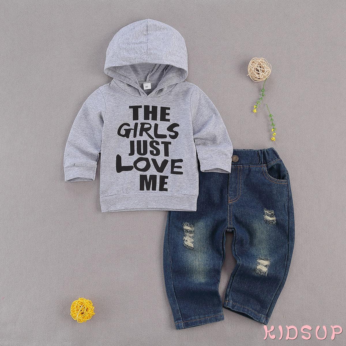 Bộ Áo Hoodie + Quần Jeans Rách Lưng Thun In Chữ Thời Trang Mùa Xuân Cho Bé Trai