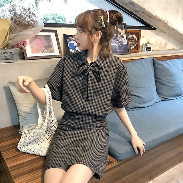Set áo váy kẻ