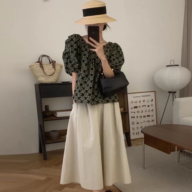 SUXI Áo Kiểu Tay Phồng Cổ Tròn Form Rộng Họa Tiết Hoa Phong Cách Vintage Hàn Quốc