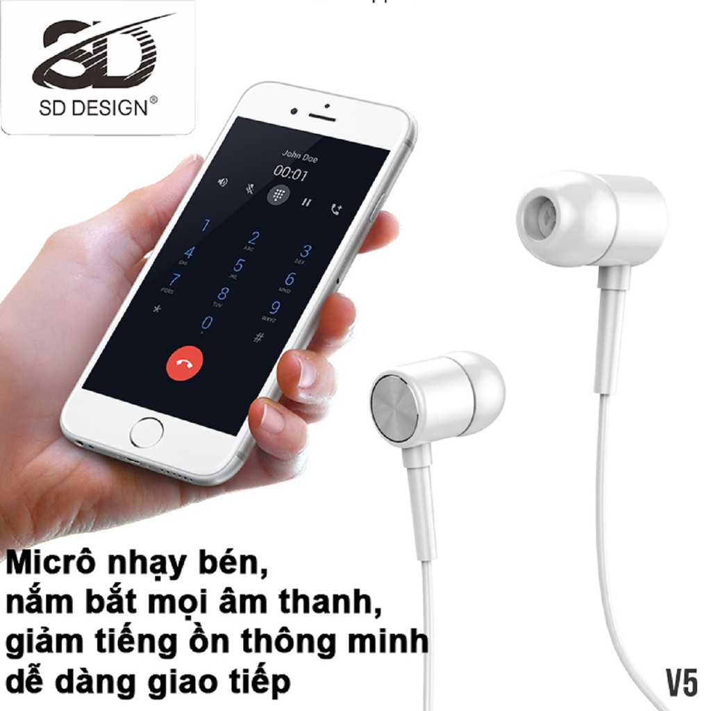 Tai Nghe Nhét Tai SD Design V5 Super Bass tương thích các dòng điện thoại jack 3.5mm, có mic bảo hành Chính Hãng 1 đổi 1