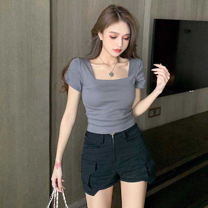Áo Thun Croptop Tay Ngắn Màu Sắc Đơn Giản Quyến Rũ Cho Nữ