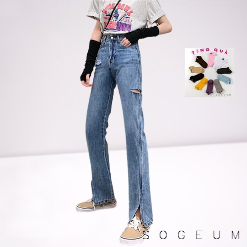 Quần jean nữ co giãn, Quần bò cạp cao ống vẩy rách xẻ tà màu xanh sogeum.store | BigBuy360 - bigbuy360.vn
