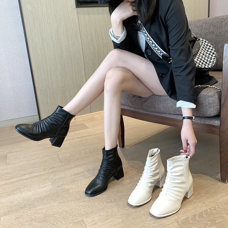 Bốt da lì nữ cao 7cm Boot cao gót đế trụ nữ Hàn Quốc Junnie Closet | BigBuy360 - bigbuy360.vn