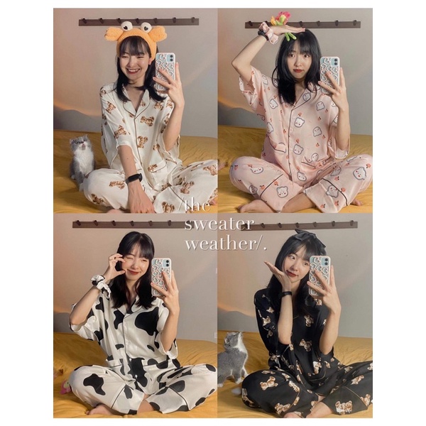 BỘ ĐỒ NGỦ SET PIJAMA QUẦN DÀI form rộng tay lỡ tặng kèm scrunchies, bộ ngủ dài (Ảnh thật) | BigBuy360 - bigbuy360.vn