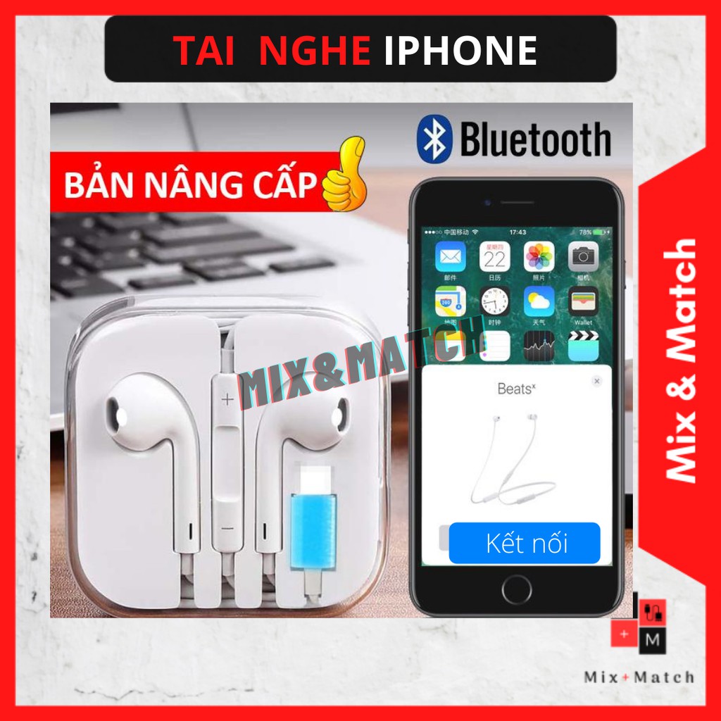 Tai nghe nhét tai có dây bắt bluetooth dành cho Iphone 7/8/X jack lighting âm thanh trung thực - bảo hành 1 đổi 1