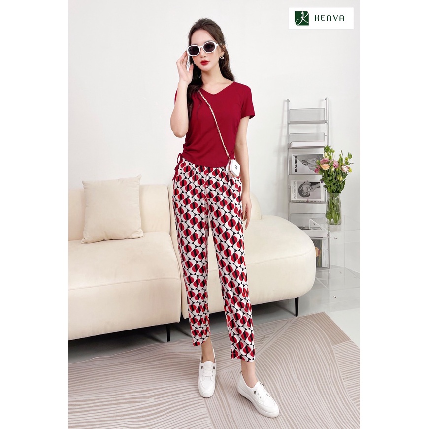 Bộ đồ mặc nhà Kenva, Set tách rời bộ đồ mặc nhà, đi chơi áo thun cộc trơn cổ tim đơn giản, quần lanh thổ cẩm độc đáo