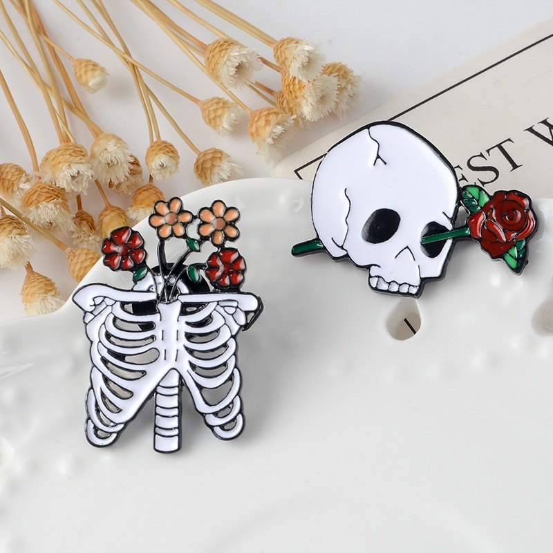 Ghim Cài Áo Hình Lồng Xương Phối Hoa Phong Cách Gothic Punk Dùng Làm Quà Tặng Cho Bạn Bè